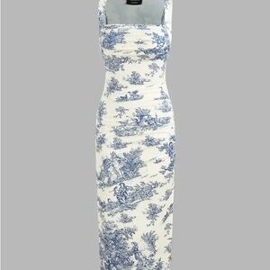Cider Toile de Jouy Ruched Split Maxi Dress